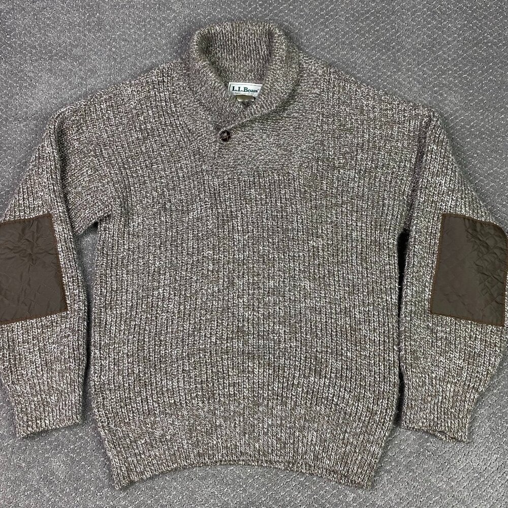 Vtg LL Bean Sweater Men's Large Gray Shawl Collar Wool Fisherman Elbow Patches